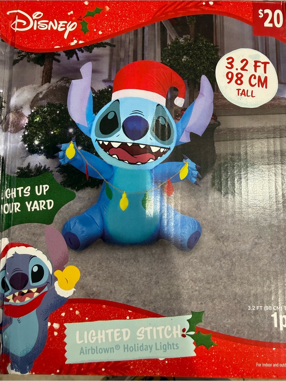 Disney Blue Stitch Inflatable with Red Santa Hat and Multi-Color Lights